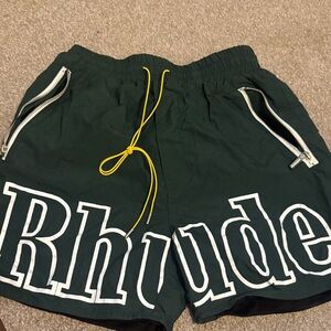 Rhude Green Swim Trunks with Yellow Drawstring
